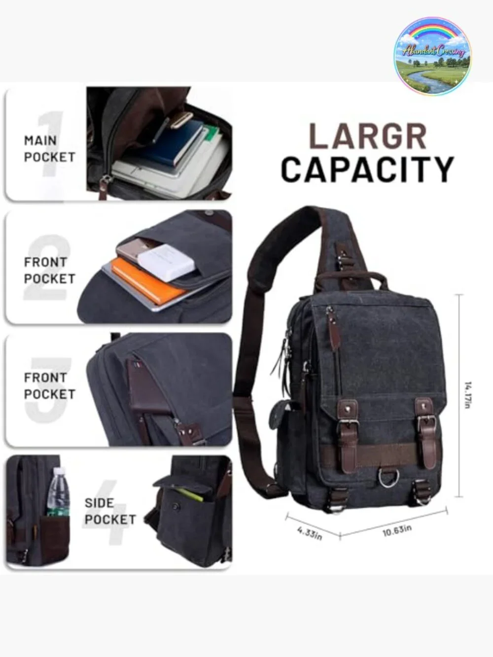Canvas Crossbody Sling Backpack Travel Rucksack with Multiple Pockets